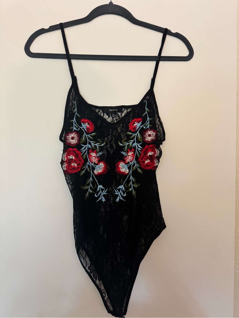 Verty Sexy Black Lace Bodysuit with Red Floral Embroidery